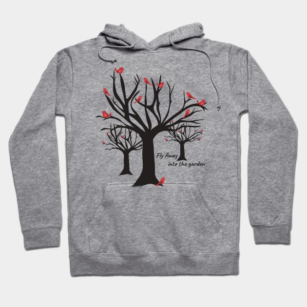 Fly Away—into the garden (Winter Cardinals) Hoodie by Phebe Phillips